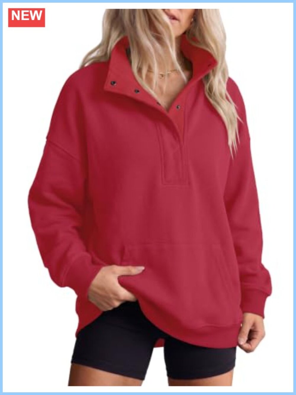 Oversized Henley Snap Button Sweatshirt Fleece Pullover Pockets